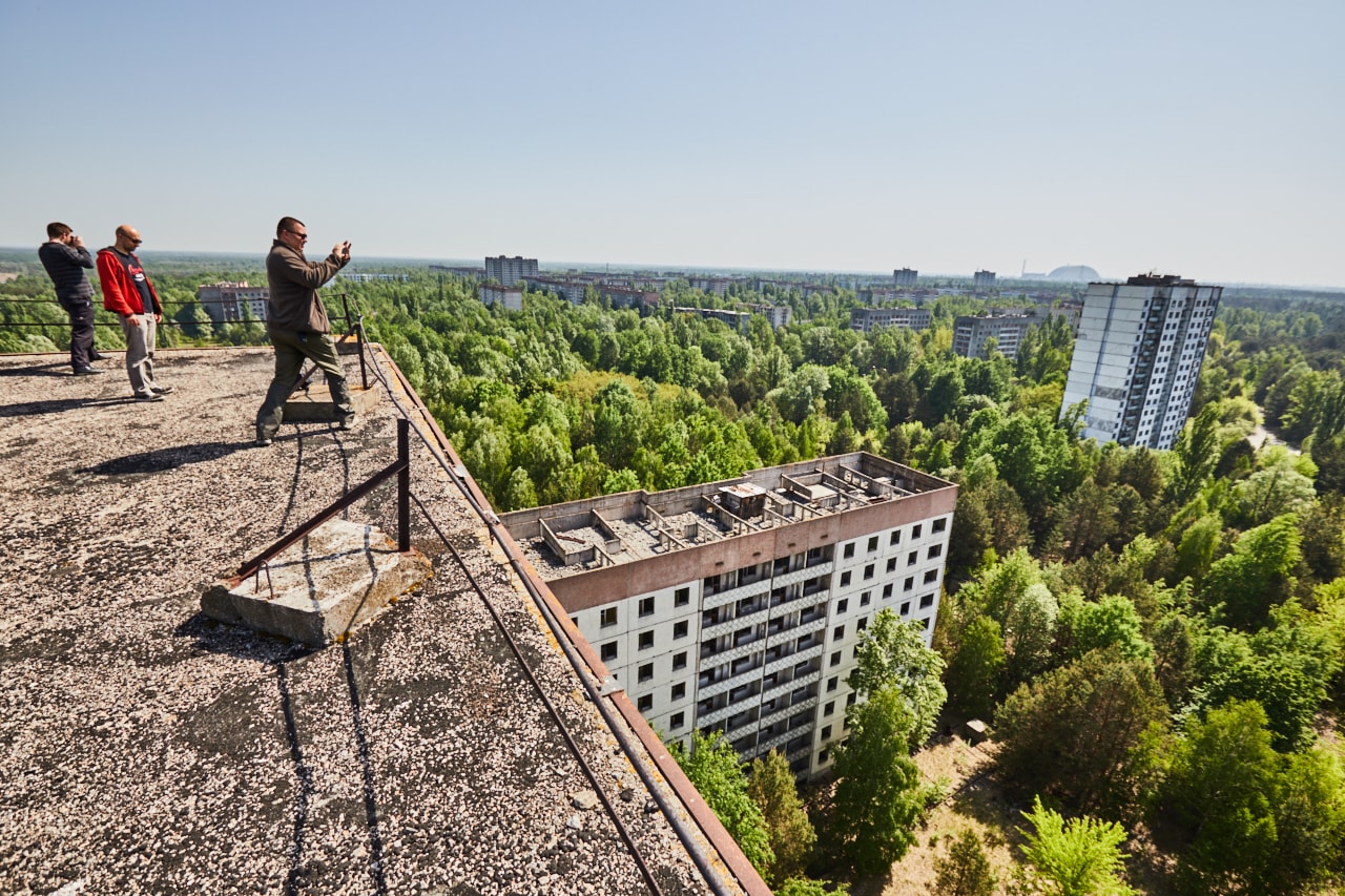 Rooftop view in Pripyat panorama view buildings abandoned